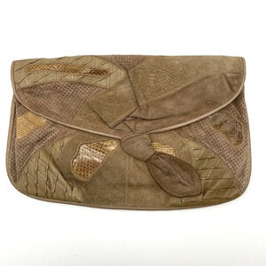 Vintage 80s Clemente Beige Suede Leather & Snakeskin Patchwork Clutch 14" x 8.5"